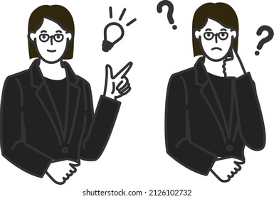 A simple line drawing illustration of a white background with a variation set of facial expressions of a female employee of a funeral director who seems to be calm wearing glasses and mourning clothes