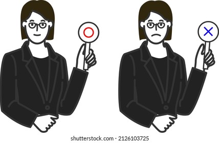 A simple line drawing illustration of a white background with a variation set of facial expressions of a female employee of a funeral director who seems to be calm wearing glasses and mourning clothes