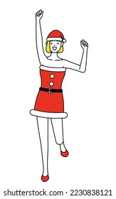 Simple ilustración de una mujer vestida como Santa Claus sonriendo y saltando.