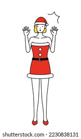 Simple line drawing illustration of a woman dressed as Santa Claus raising her hand in surprise.