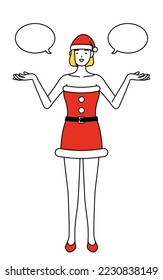 Simple line drawing illustration of a woman dressed as Santa Claus with wipe out and comparison.