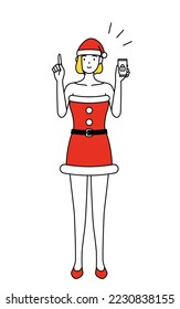 Simple line drawing illustration of a woman dressed as Santa Claus taking security measures for her phone.