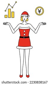 Simple line drawing illustration of a woman dressed as Santa Claus guiding an image of DXing,performance and sales improvement.