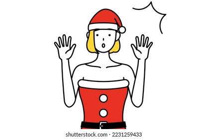 Simple line drawing illustration of a woman dressed as Santa Claus raising her hand in surprise.