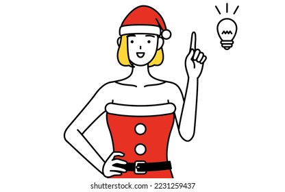 Simple line drawing illustration of a woman dressed as Santa Claus coming up with an idea.