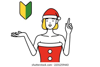 Simple line drawing illustration of a woman dressed as Santa Claus showing the symbol for young leaves.