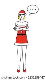 Simple line drawing illustration of a woman dressed as Santa Claus,arms crossed,thinking.