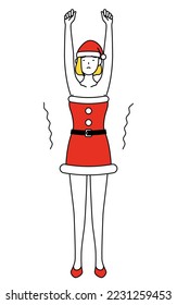 Simple line drawing illustration of a woman dressed as Santa Claus stretching and standing tall.