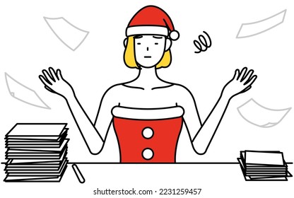 Simple line drawing illustration of a woman dressed as Santa Claus who is fed up with her unorganized business.