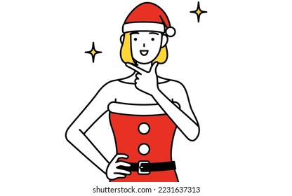 Simple line drawing illustration of a woman dressed as Santa Claus in a confident pose.