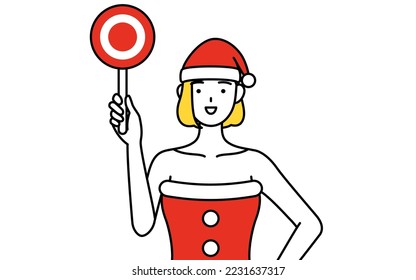 Simple line drawing illustration of a woman dressed as Santa Claus with her hands folded in front of her body.