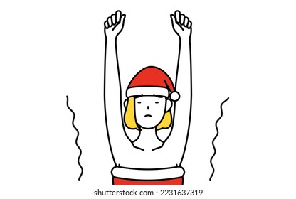 Simple line drawing illustration of a woman dressed as Santa Claus stretching and standing tall.