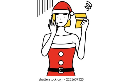 Simple line drawing illustration of a woman dressed as Santa Claus looking at her bankbook and feeling depressed.