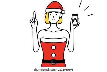 Simple line drawing illustration of a woman dressed as Santa Claus taking security measures for her phone.