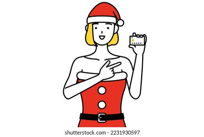 Simple line drawing illustration of a woman dressed as Santa Claus recommending credit card payment.