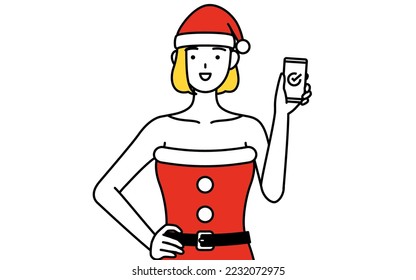 Simple line drawing illustration of a woman dressed as Santa Claus using a smartphone at work.