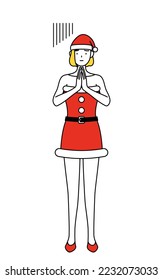Simple line drawing illustration of a woman dressed as Santa Claus apologizing with her hands in front of her body.