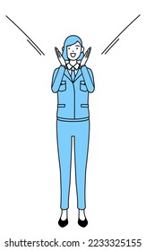 Simple line drawing illustration woman in work wear calling out and his hand over his mouth 