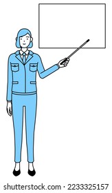 Simple line drawing illustration of a woman in work wear pointing at a whiteboard with an indicator stick.