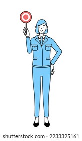 Simple line drawing illustration of a woman in work wear with his hands folded in front of his body.