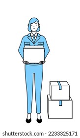 Simple line drawing illustration of a woman in work wear holding a cardboard box.