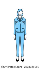 Simple line drawing illustration of a woman in work wear with his hands folded in front of his body.