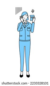 Simple line drawing illustration of a woman in work wear looking at his bankbook and feeling depressed.