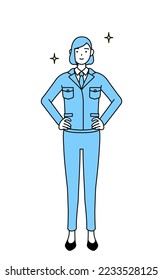 Simple line drawing illustration of a woman in work wear with his hands on his hips.