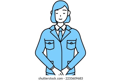 Simple line drawing illustration of a woman in work wear lightly bowing.