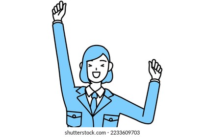 Simple line drawing illustration of a woman in work wear smiling and jumping.