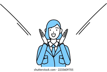 Simple line drawing illustration woman in work wear calling out and his hand over his mouth 