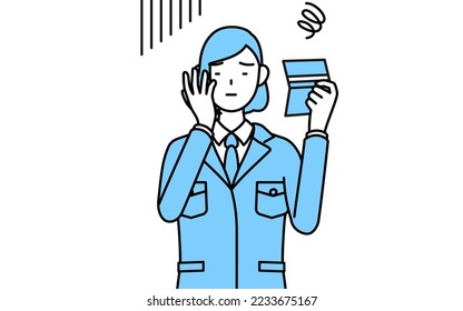 Simple line drawing illustration of a woman in work wear looking at his bankbook and feeling depressed.