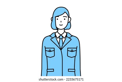 Simple line drawing illustration of a woman in work wear with his hands folded in front of his body.