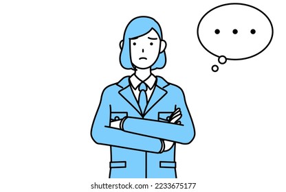 Simple line drawing illustration of a woman in work wear,arms crossed,thinking.