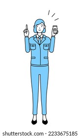 Simple line drawing illustration of a woman in work wear taking security measures for his phone.