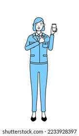 Simple line drawing illustration of a woman in work wear recommending cashless online payments on a smartphone.