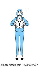 Simple line drawing illustration of a woman in work wear, an image of foreign exchange gains and yen appreciation