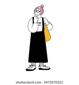 Simple line drawing illustration of a woman shopping