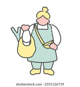 Simple line drawing illustration of a woman shopping