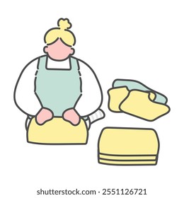 Simple line drawing illustration of a woman folding laundry