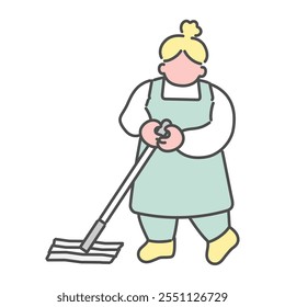 Simple line drawing illustration of a woman cleaning the floor with a wiper