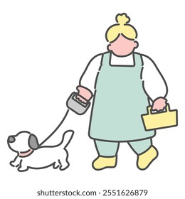 Simple line drawing illustration of a woman walking her dog