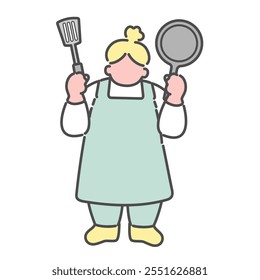 Simple line drawing illustration of a woman holding a frying pan and spatula