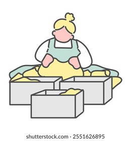 Simple line drawing illustration of a woman organizing her clothes