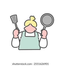 Simple line drawing illustration of a woman holding a frying pan and spatula