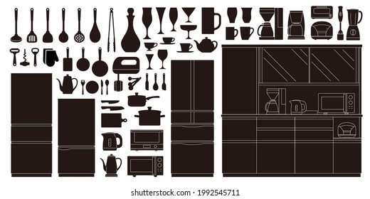 Simple line drawing illustrations of cooking utensils and tableware.