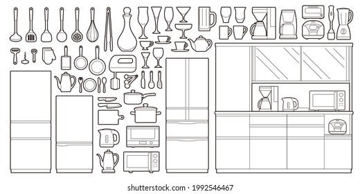 Simple line drawing illustrations of cooking utensils and tableware.