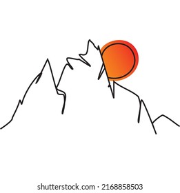 Simple line drawing of Impregnable peaks. Mountain peak, rocky inaccessible rock. Hand drawn Mountains sketch landscape with hills, and sunnies. Line design. Vector illustration. Cards. Poster.