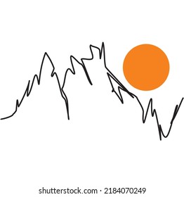Sencillo dibujo de líneas de picos impregnables y sol. Montaña punta, roca rocosa inaccesible. Montañas dibujadas a mano esbozan el paisaje con colinas, y soles . Diseño de línea. Ilustración vectorial. Cartas.