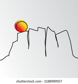 Simple line drawing of Impregnable peaks. Mountain peak, rocky inaccessible rock. Hand drawn Mountains sketch landscape with hills, and sunnies . Line design. Vector illustration. Cards. Poster.
